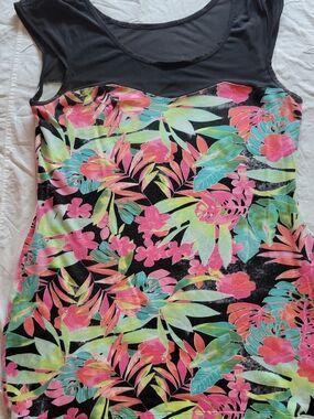 Floral Scoop Neck Women’s Dress in Black with Neon Floral Print